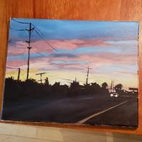 Road. Painting of an Ontario highway late at night, in April 2019. SOLD. 8x11 inches.
